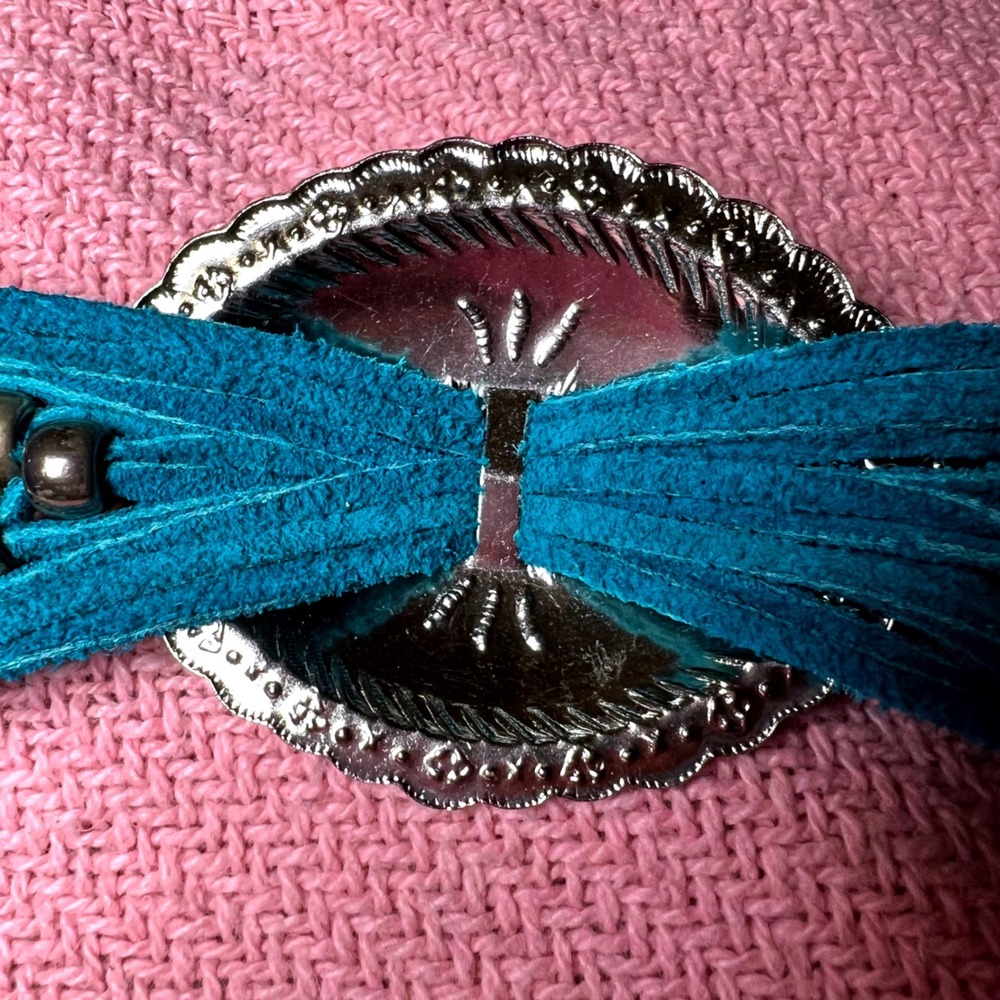 Boho Teal Suede Beaded Concho Belt Southwestern Fringe Tie Waist Silver Tone 62" - Picture 5 of 6